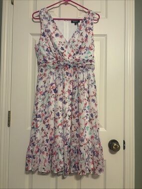 DKNY White Sleeveless V-Neck Floral Midi Dress